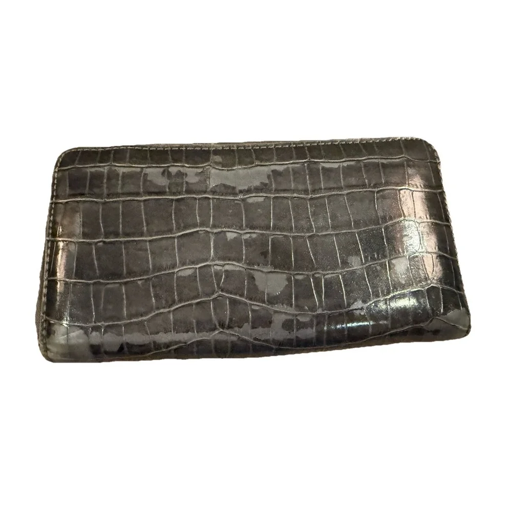 Marc by Marc Jacobs Black Croc Embossed Patent Zip‎ Around Wallet Organizer